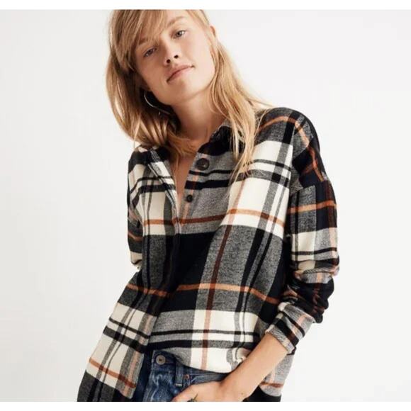 Madewell Flannel Bromley Shirt, Black & Ivory plaid Women's sz Medium - Picture 2 of 12